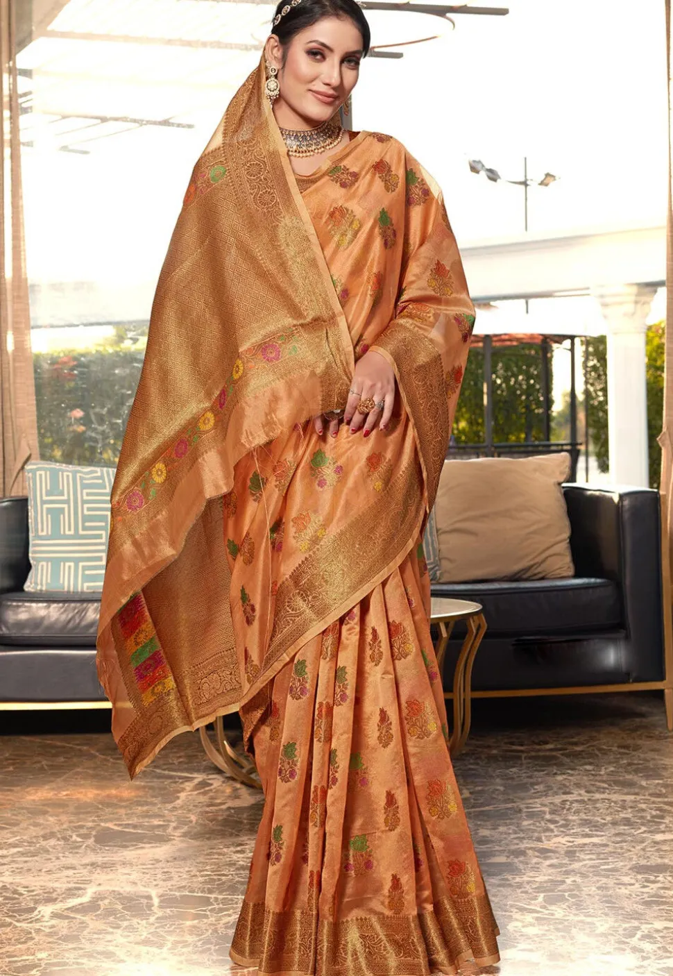 Woven Art Silk Saree in Peach