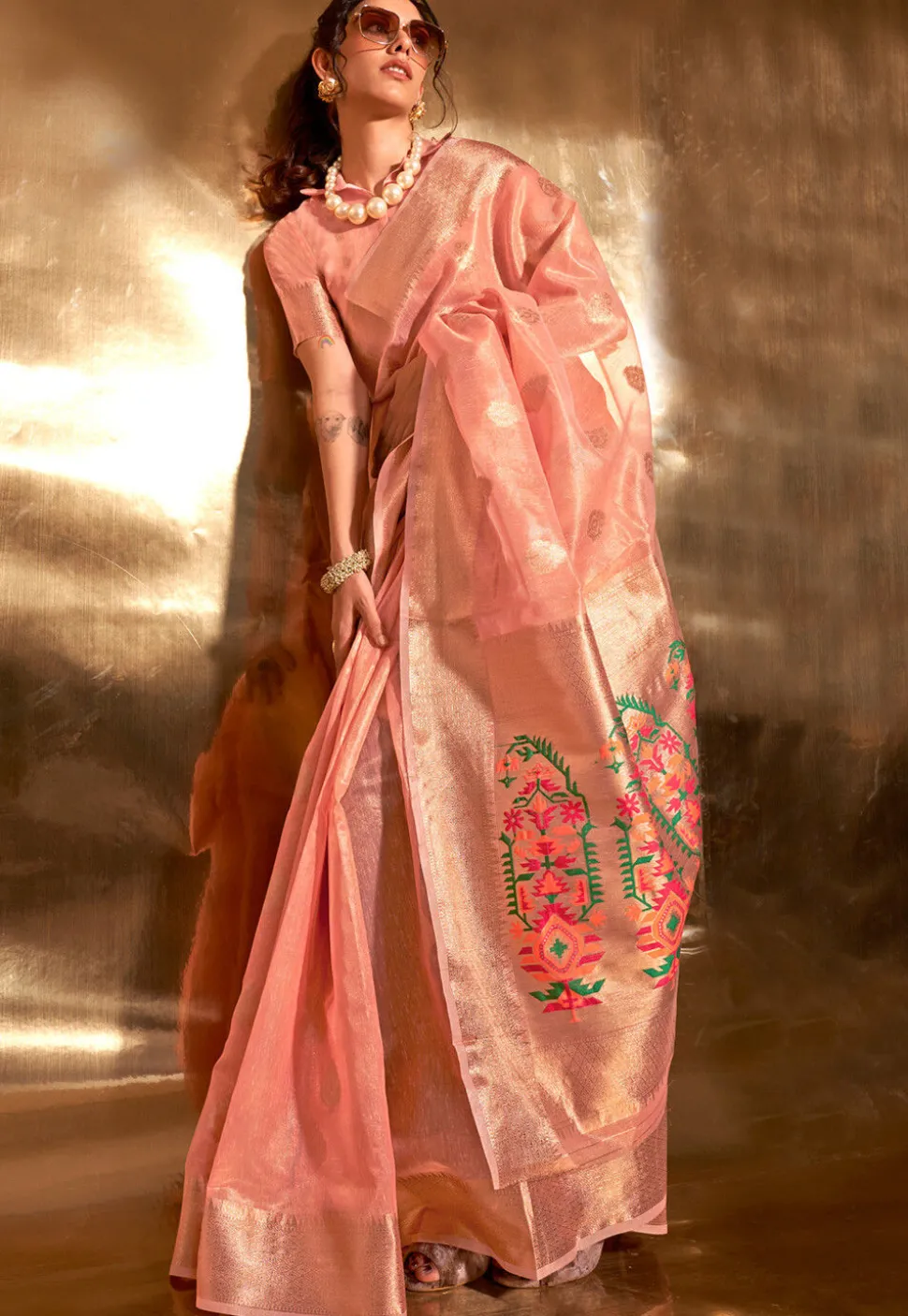 Woven Art Silk Saree in Peach