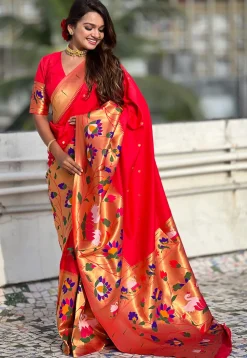 Woven Art Silk Saree in Red
