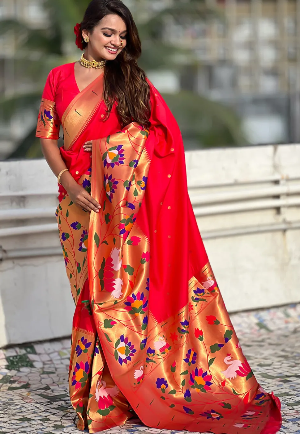 Woven Art Silk Saree in Red