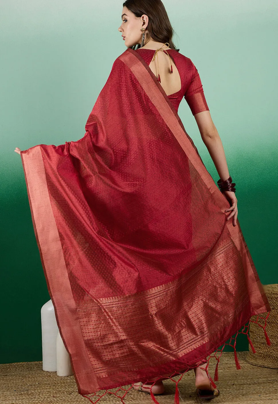 Woven Art Silk Saree in Rust