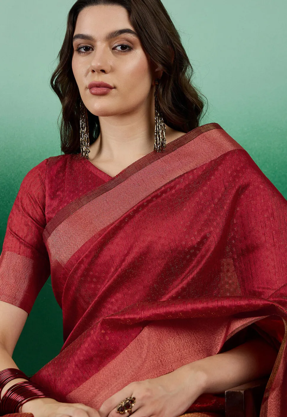 Woven Art Silk Saree in Rust