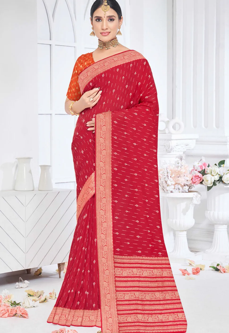 Woven Art Silk Saree in Red