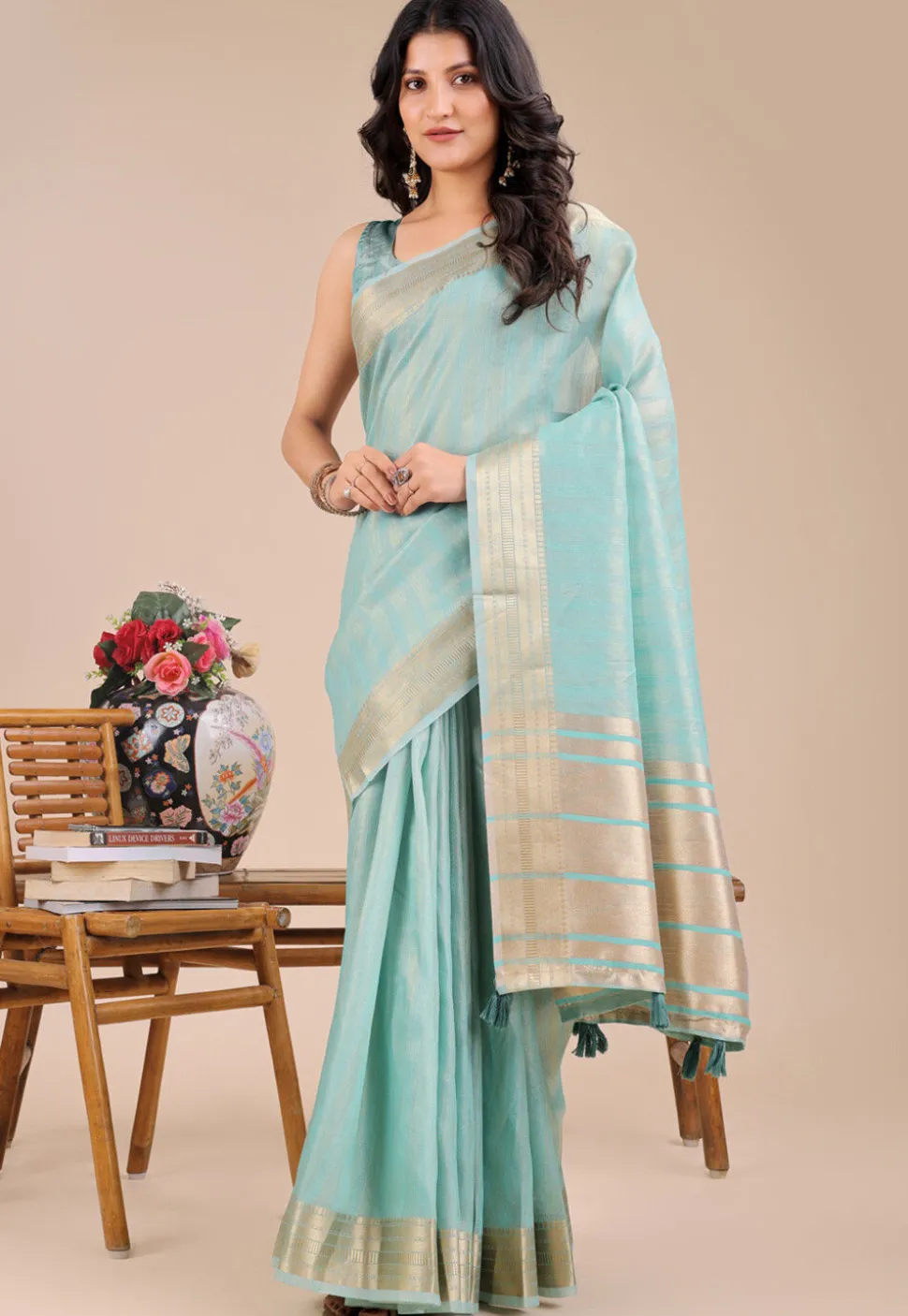 Woven Art Silk Saree in Sea Green