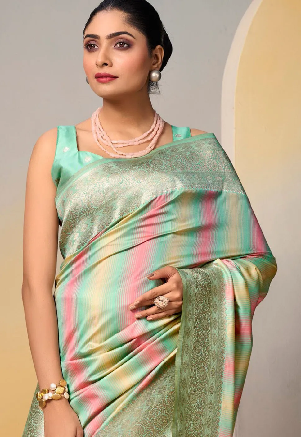 Woven Art Silk Saree in Sea Green and Multicolor