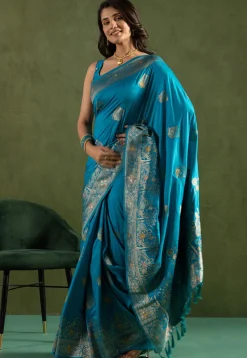 Woven Art Silk Saree in Teal Blue