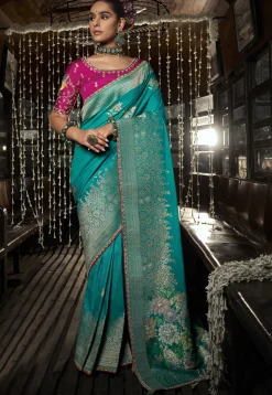 Woven Art Silk Saree in Teal Blue