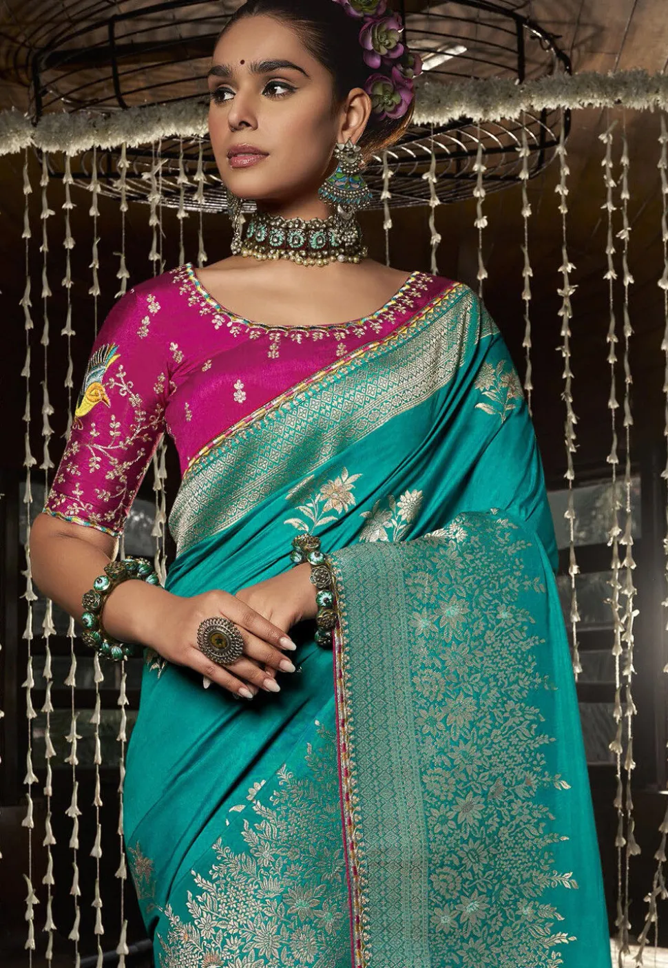 Woven Art Silk Saree in Teal Blue