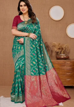Woven Art Silk Saree in Teal Green
