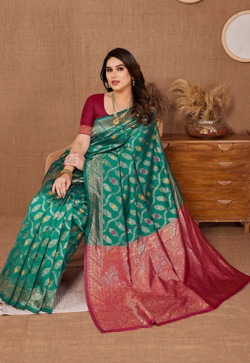 Woven Art Silk Saree in Teal Green