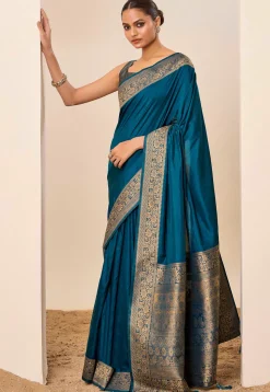 Woven Art Silk Saree in Teal Blue
