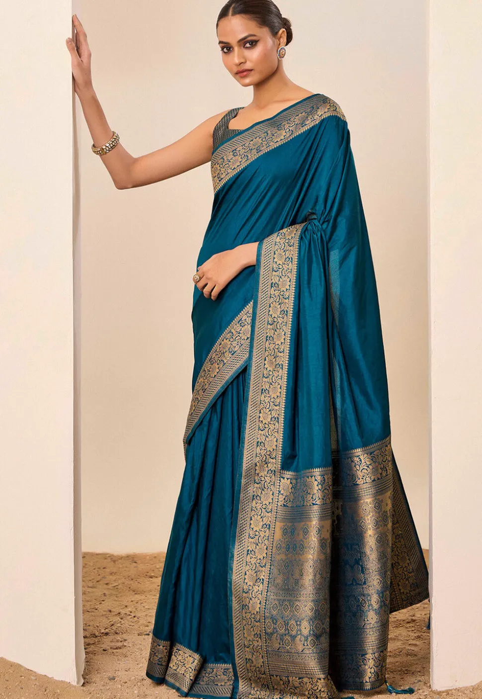 Woven Art Silk Saree in Teal Blue