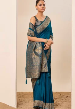 Woven Art Silk Saree in Teal Blue