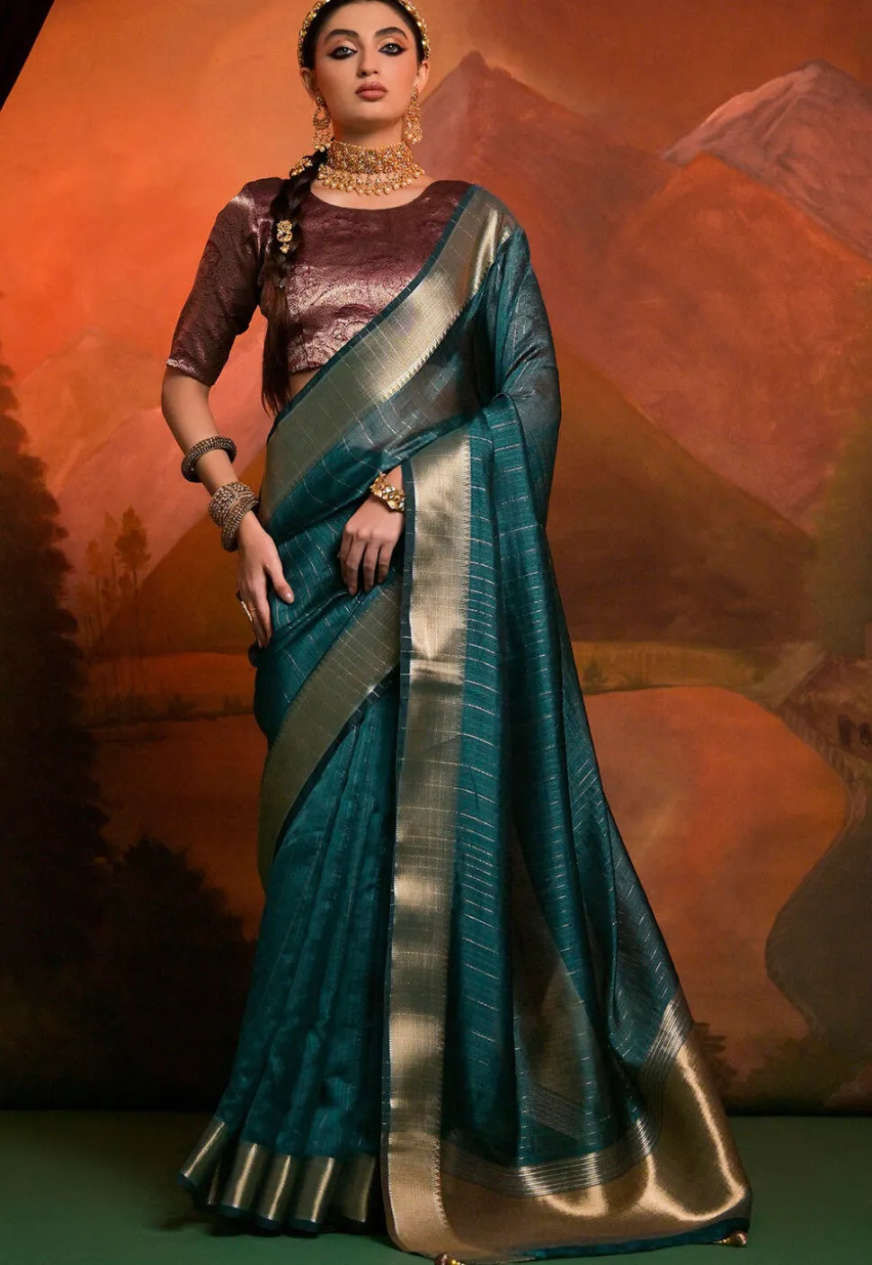 Woven Art Silk Saree in Teal Blue