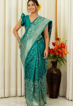 Woven Art Silk Saree in Teal Green