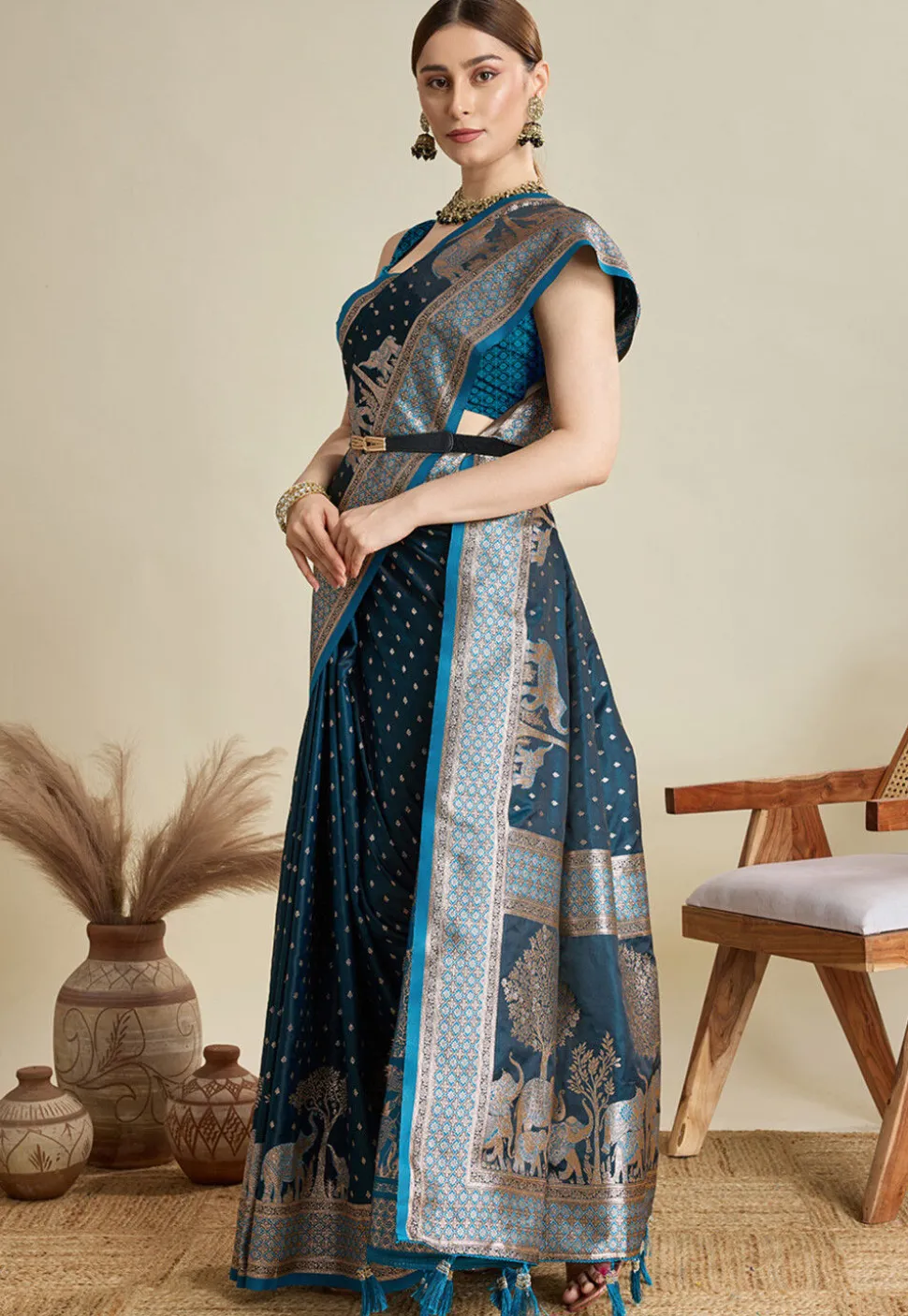 Woven Art Silk Saree in Teal Blue