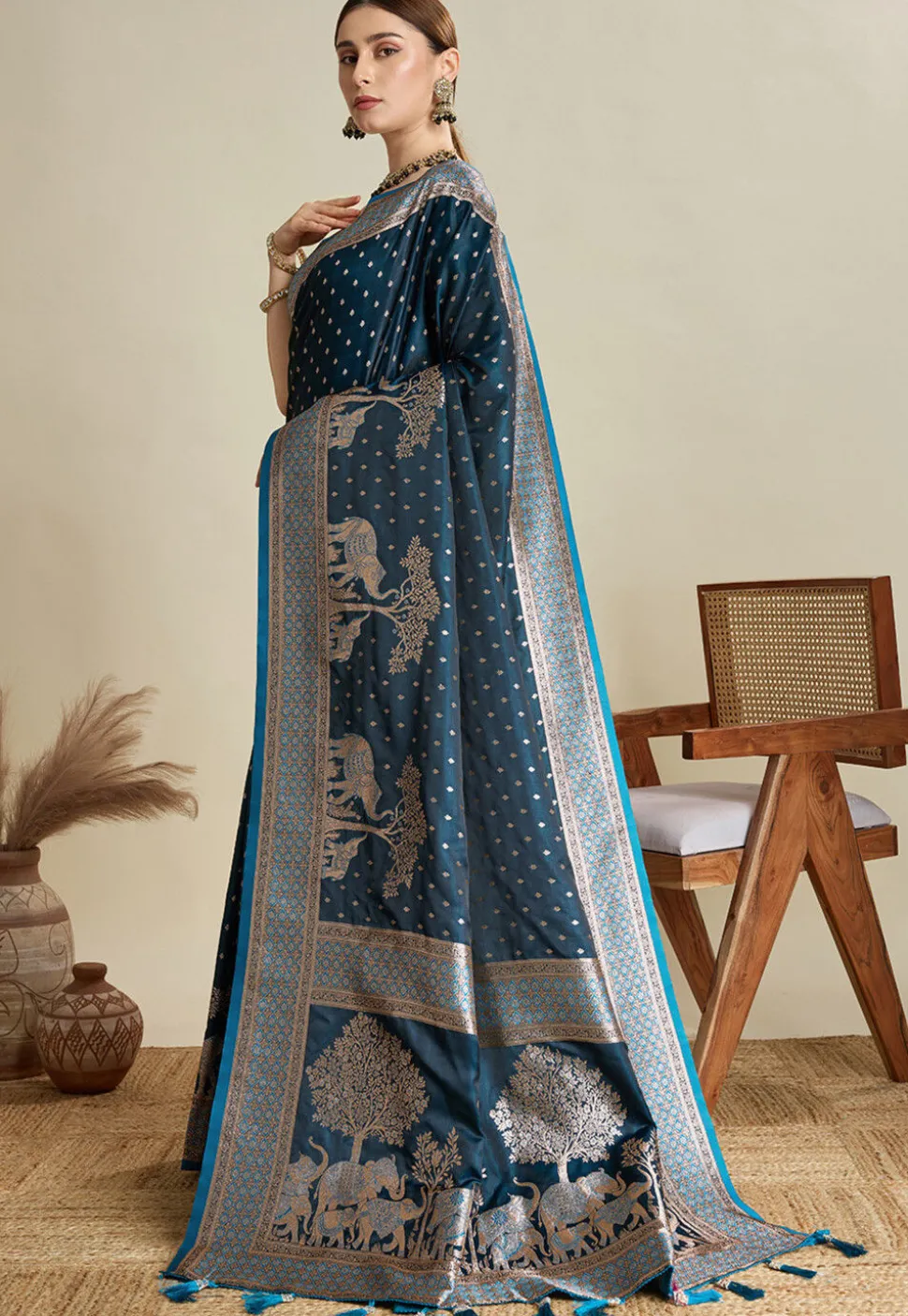 Woven Art Silk Saree in Teal Blue