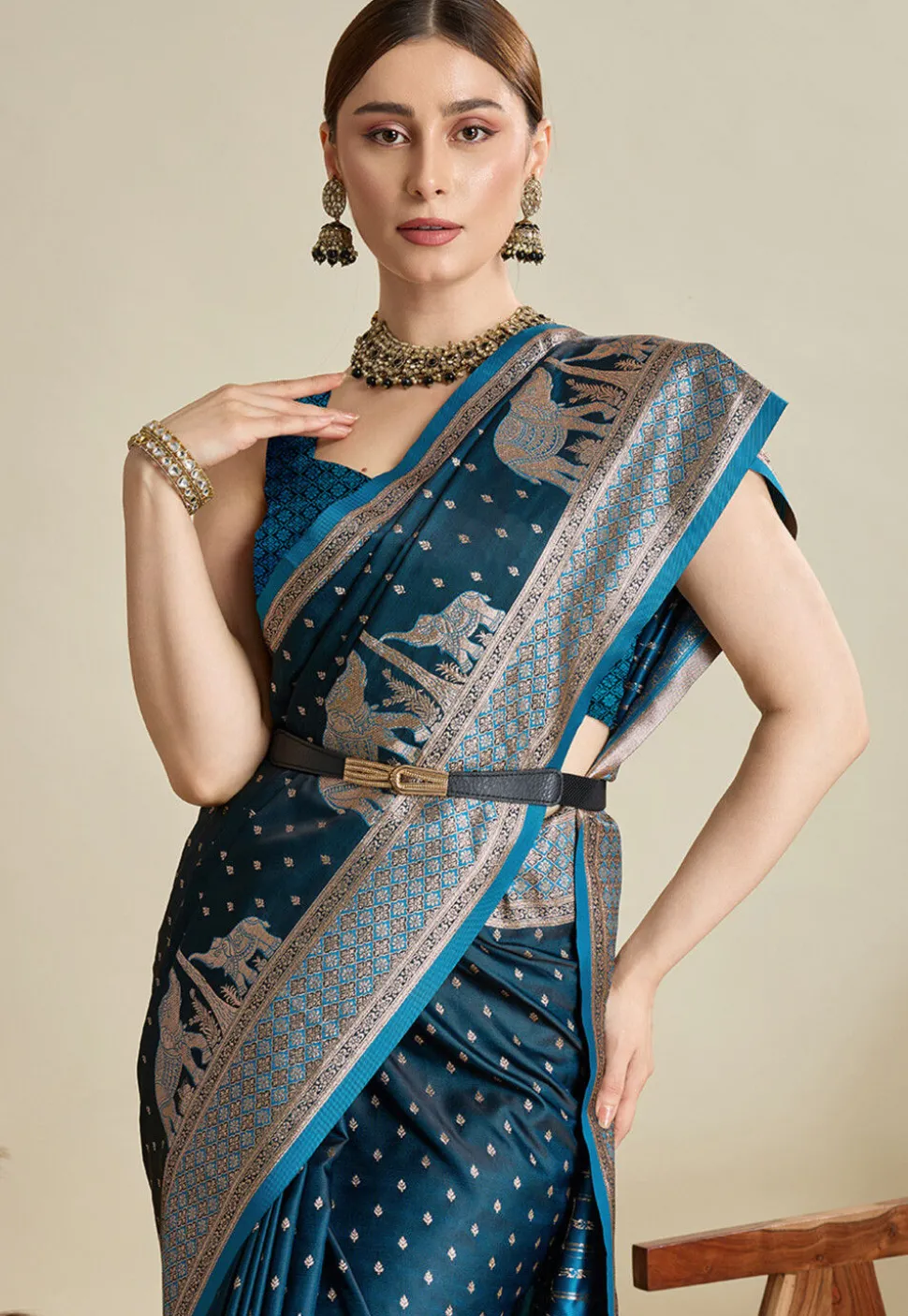 Woven Art Silk Saree in Teal Blue
