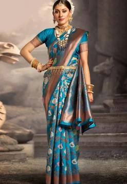 Woven Art Silk Saree in Teal Blue