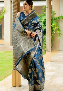 Woven Art Silk Saree in Teal Blue