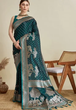 Woven Art Silk Saree in Teal Green
