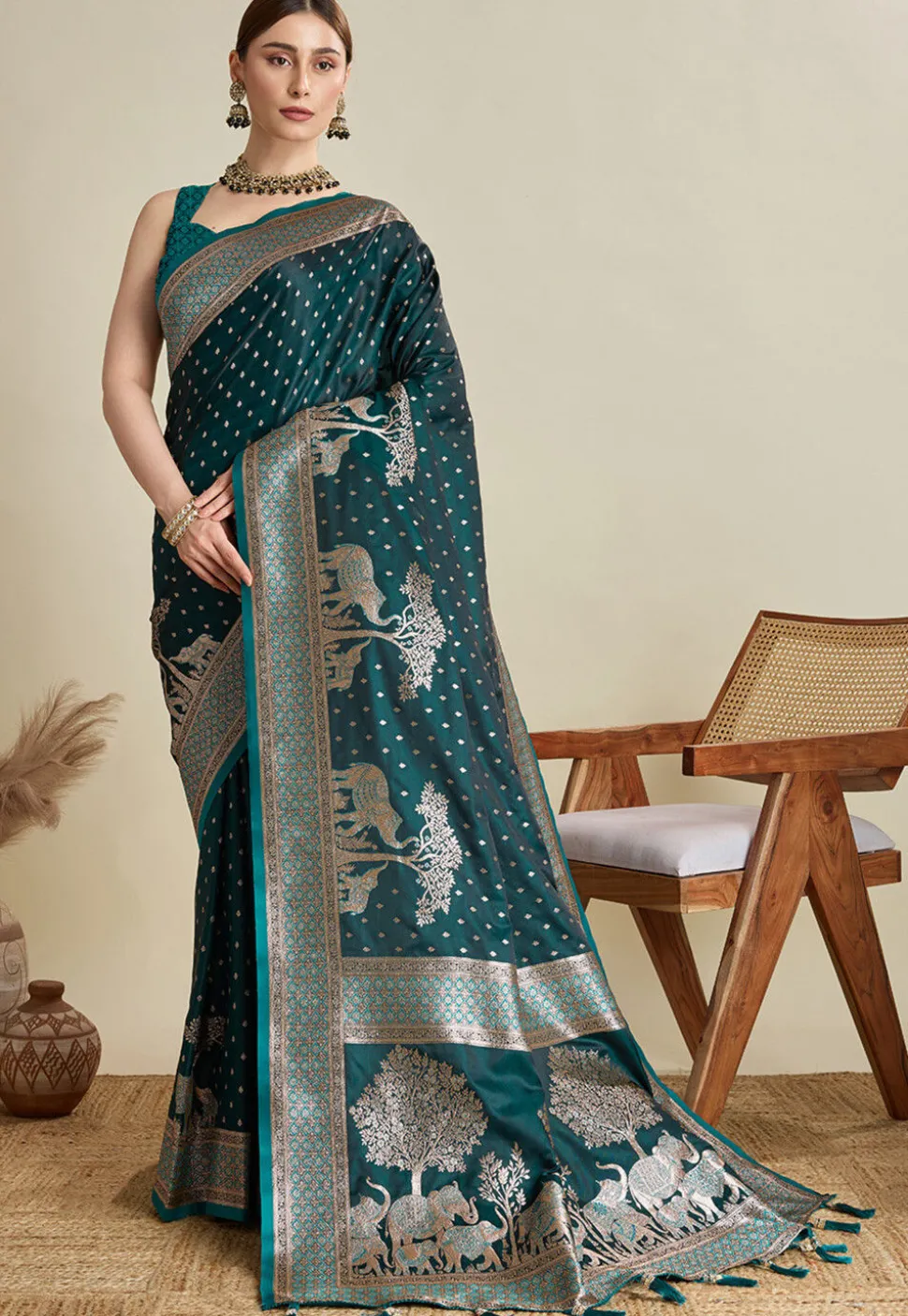 Woven Art Silk Saree in Teal Green