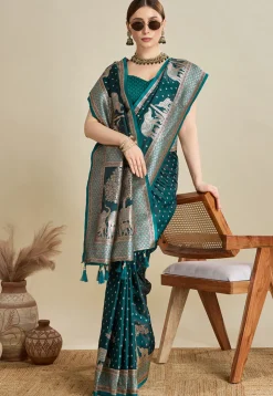 Woven Art Silk Saree in Teal Green