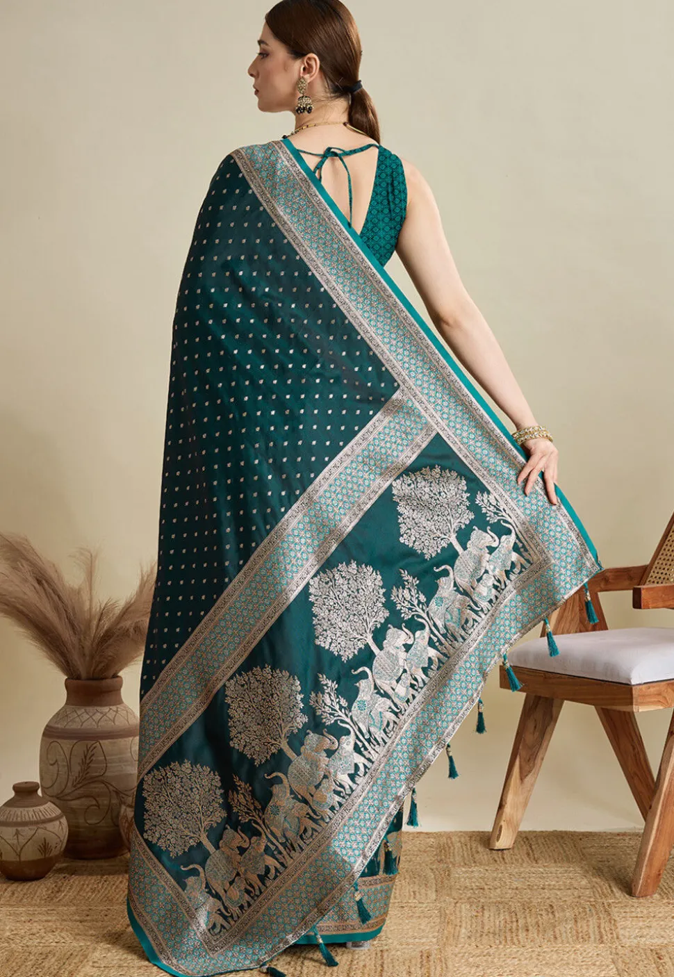 Woven Art Silk Saree in Teal Green