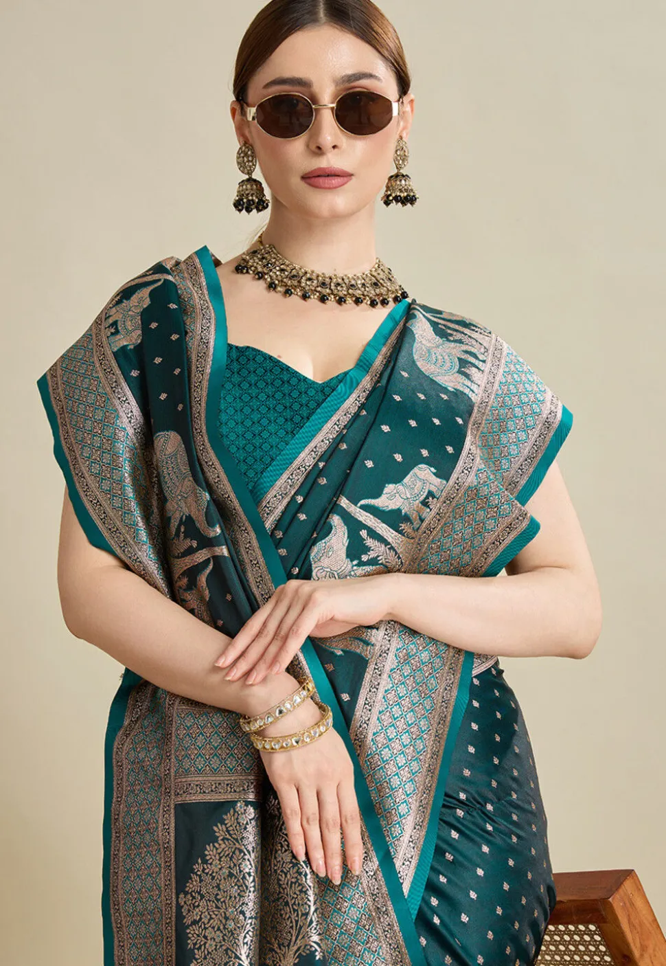 Woven Art Silk Saree in Teal Green