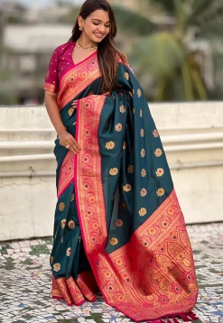 Woven Art Silk Saree in Teal Blue