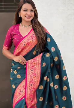 Woven Art Silk Saree in Teal Blue