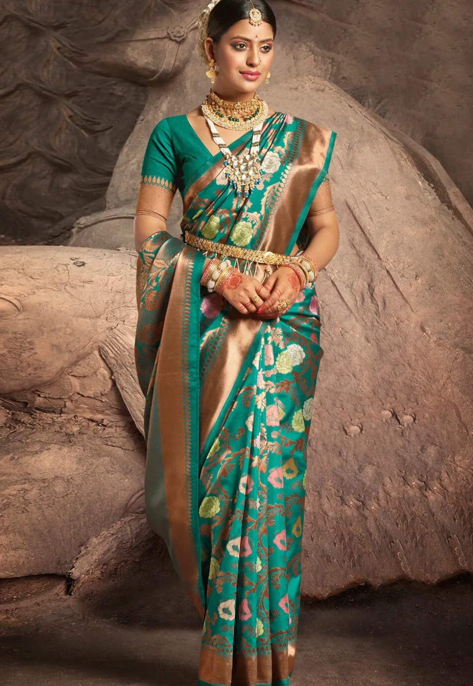 Woven Art Silk Saree in Teal Green