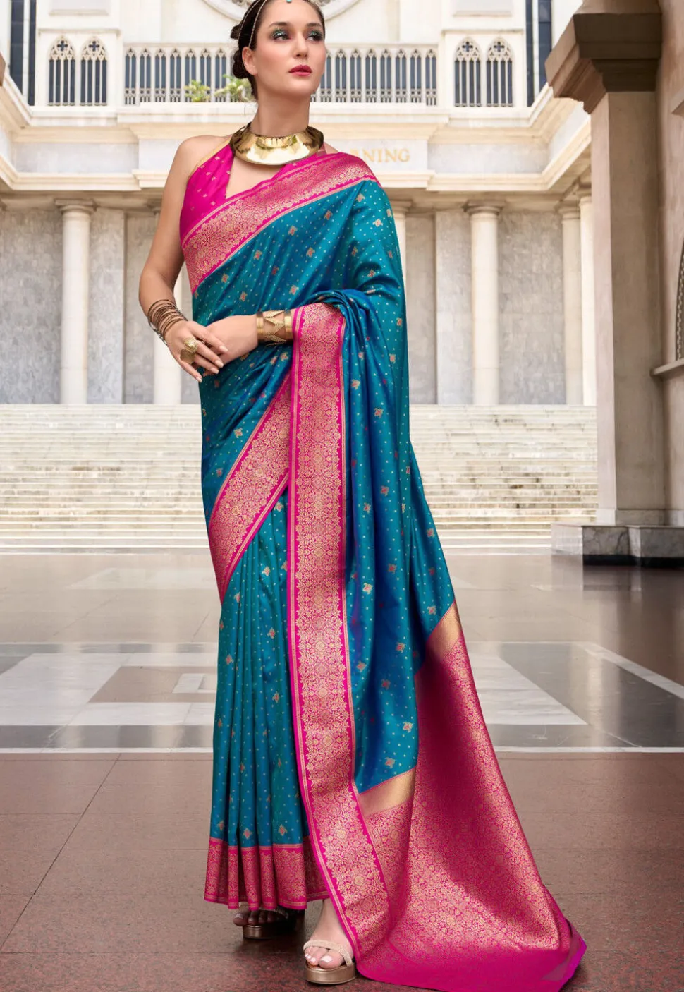 Woven Art Silk Saree in Teal Blue