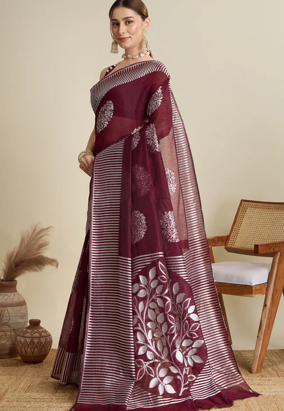 Woven Art Silk Saree in Wine