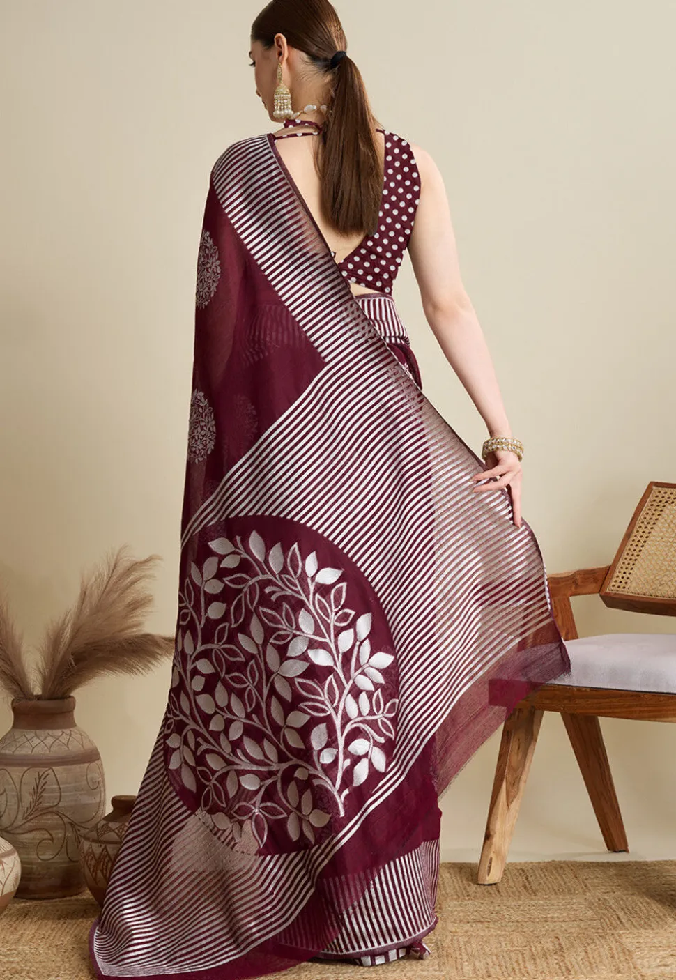 Woven Art Silk Saree in Wine