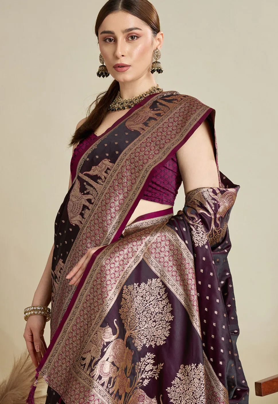 Woven Art Silk Saree in Wine
