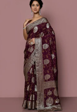 Woven Art Silk Saree in Wine