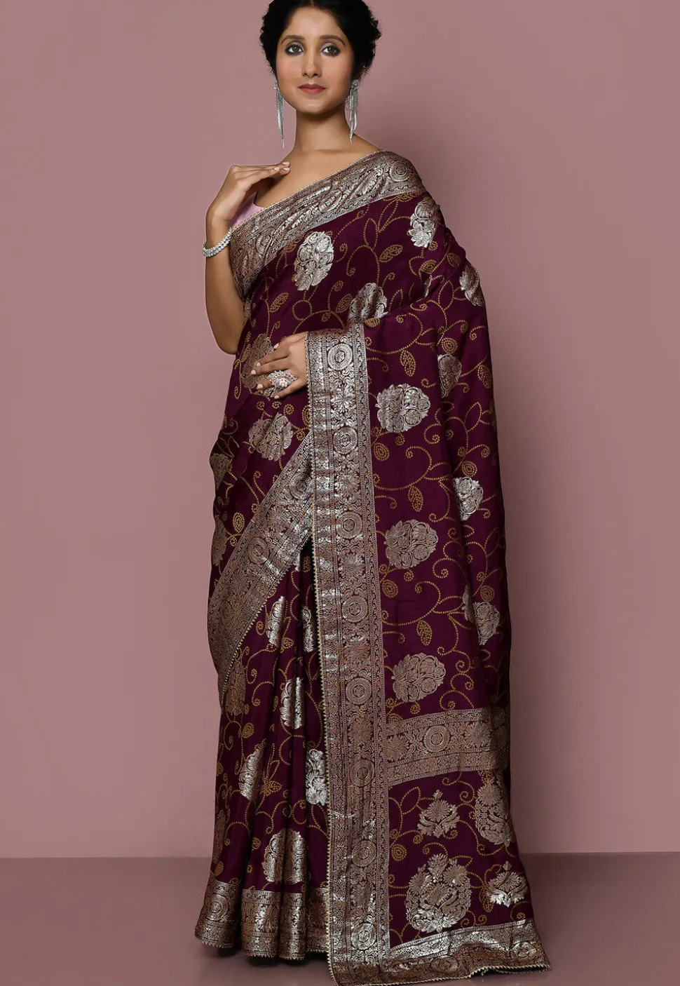 Woven Art Silk Saree in Wine