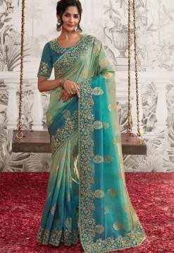 Woven Art Silk Scalloped Saree in Shaded Pastel Green and Blue