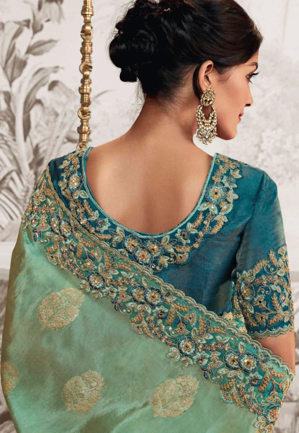 Woven Art Silk Scalloped Saree in Shaded Pastel Green and Blue