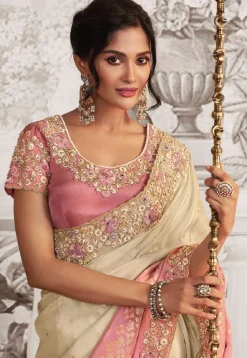 Woven Art Silk Scalloped Saree in Light Beige and Pink
