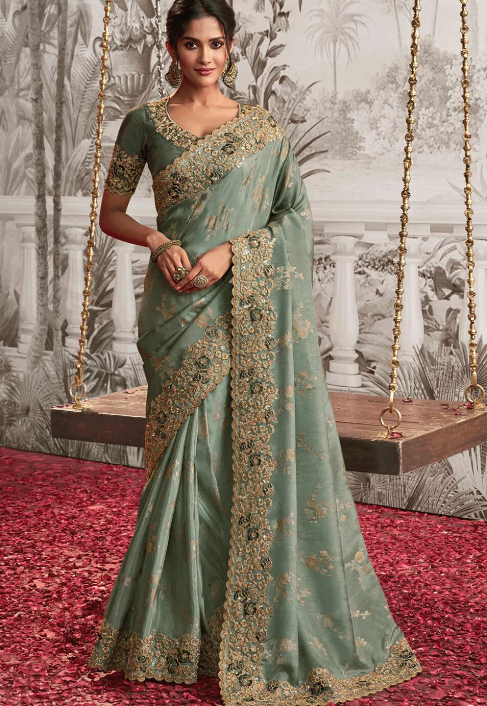 Woven Art Silk Scalloped Saree in Dusty Green