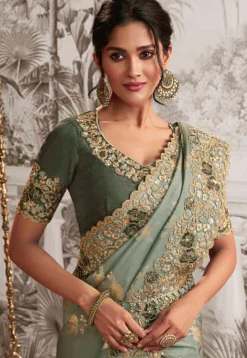 Woven Art Silk Scalloped Saree in Dusty Green