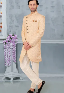 Woven Art Silk Sherwani in Peach