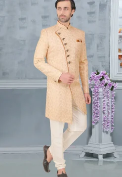 Woven Art Silk Sherwani in Peach
