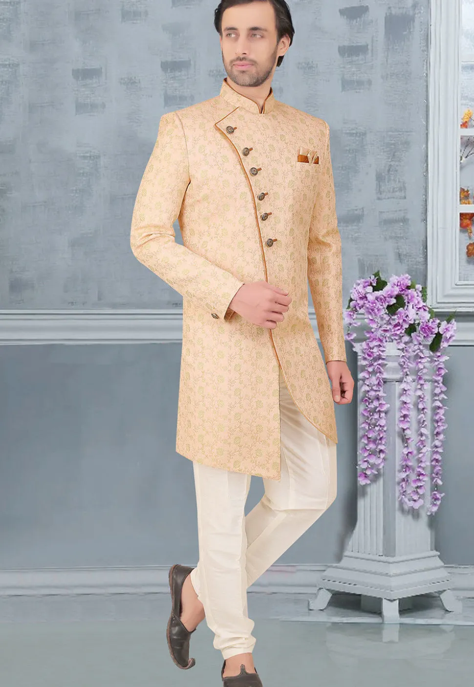 Woven Art Silk Sherwani in Peach