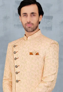 Woven Art Silk Sherwani in Peach