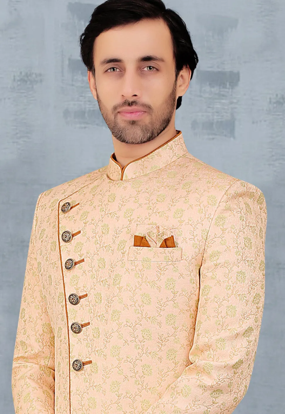 Woven Art Silk Sherwani in Peach