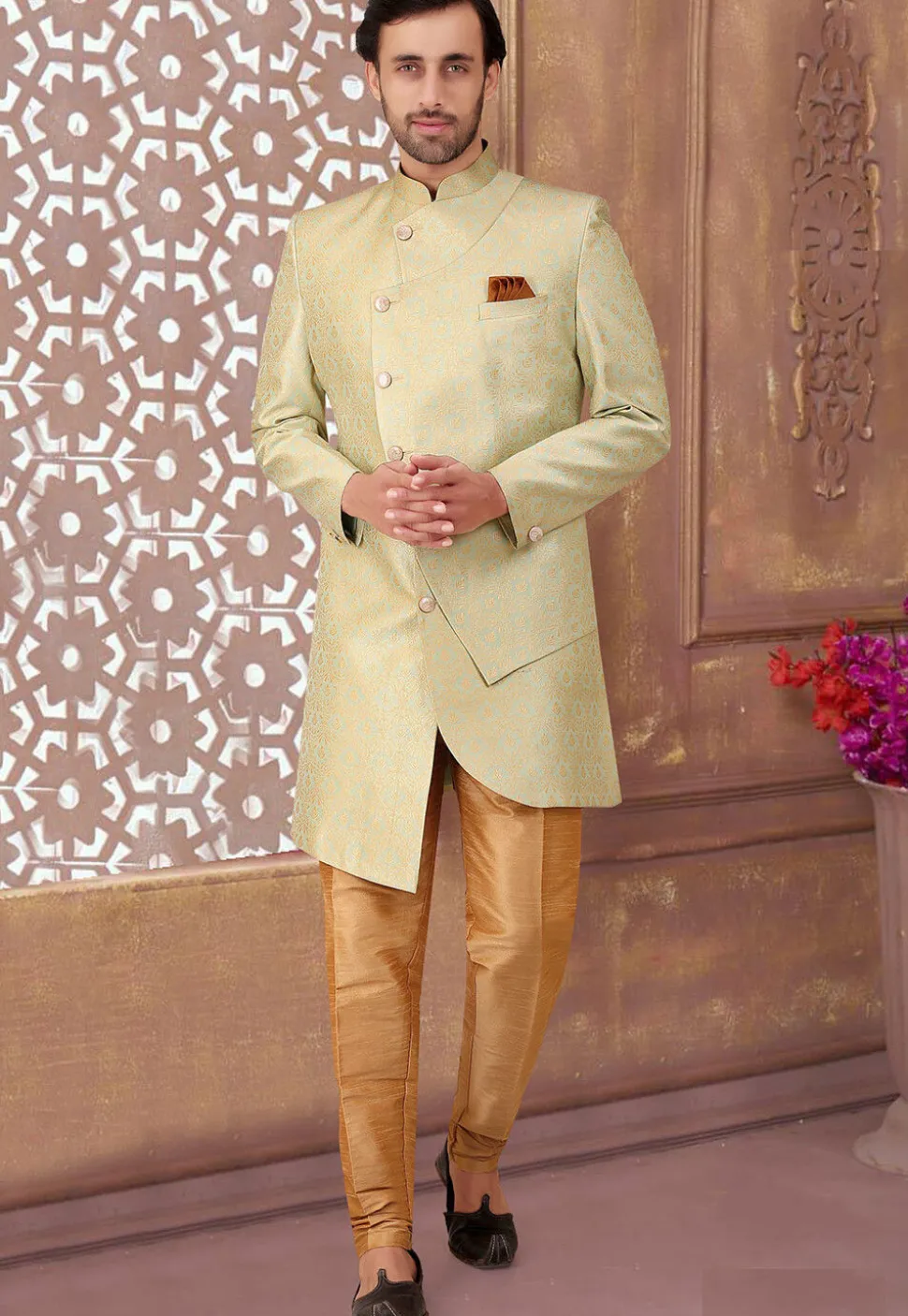 Woven Art Silk Sherwani in Light Green