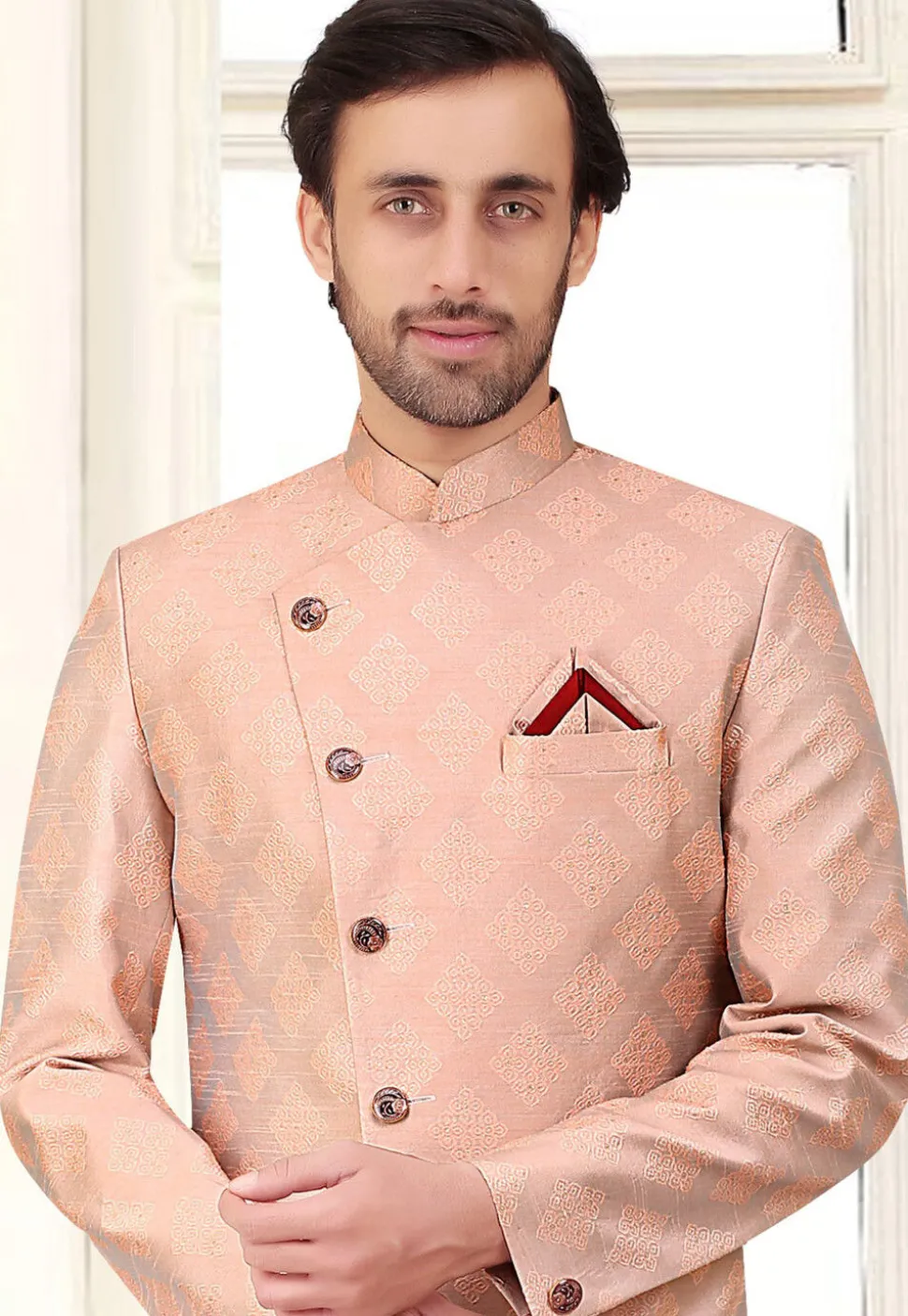 Woven Art Silk Sherwani in Peach